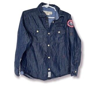 H&M Boys Denim Shirt Blue Chambray Button Down Patch Sleeve Top